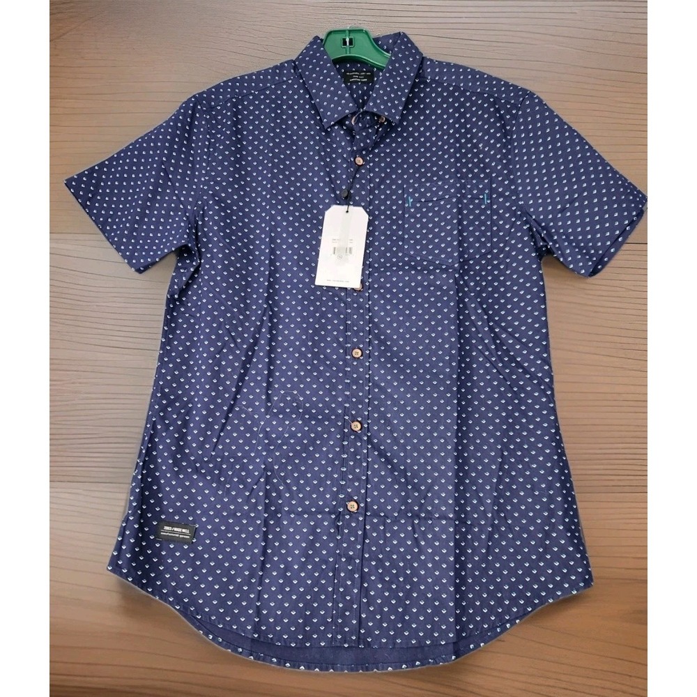 7 Diamonds Shirt Men L Navy Blue Short Sleeve Button Up All Over Print Made Well - Picture 2 of 11